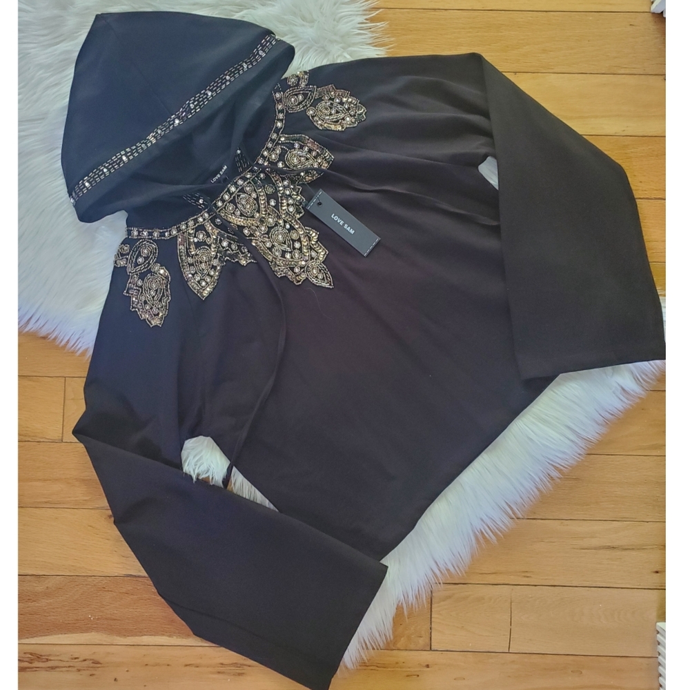 Anthro/Love Sam black beaded boxy hoodie pullover